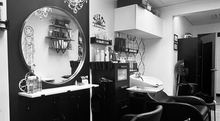 Shagan Hair salon interior with styling stations in Mesa, Arizona, US.
