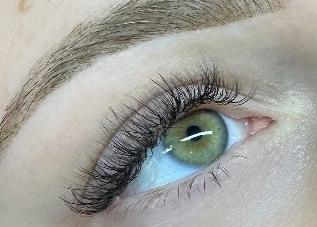 Close-up of styled eyelashes at The Lash Chick in Devine, Texas, US showcasing lash beauty.