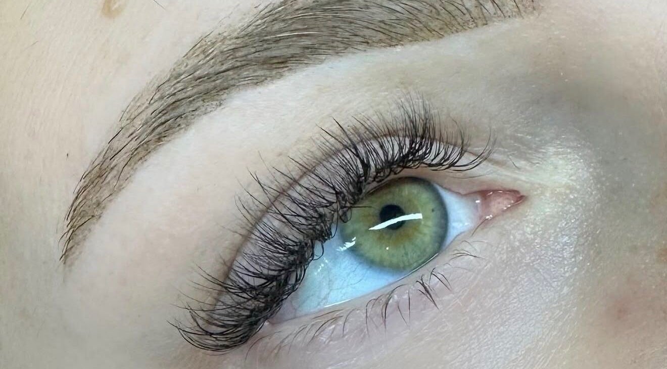 Close-up of styled eyelashes at The Lash Chick in Devine, Texas, US showcasing lash beauty.