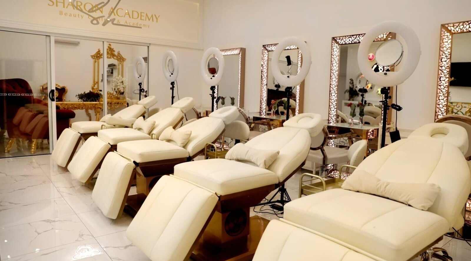 Luxurious salon interior at Sharon Hair & Beauty Clinic, Melbourne, Victoria, AU with plush treatment beds.