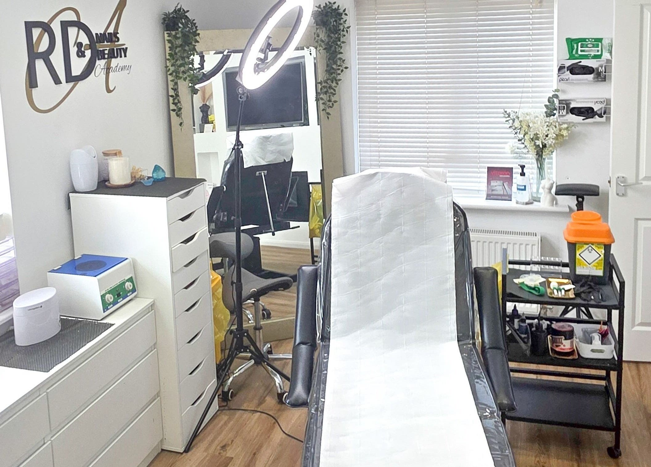 Clean, bright treatment room at RD Nails & Beauty Clinic, Peterborough, Cambridgeshire, GB.