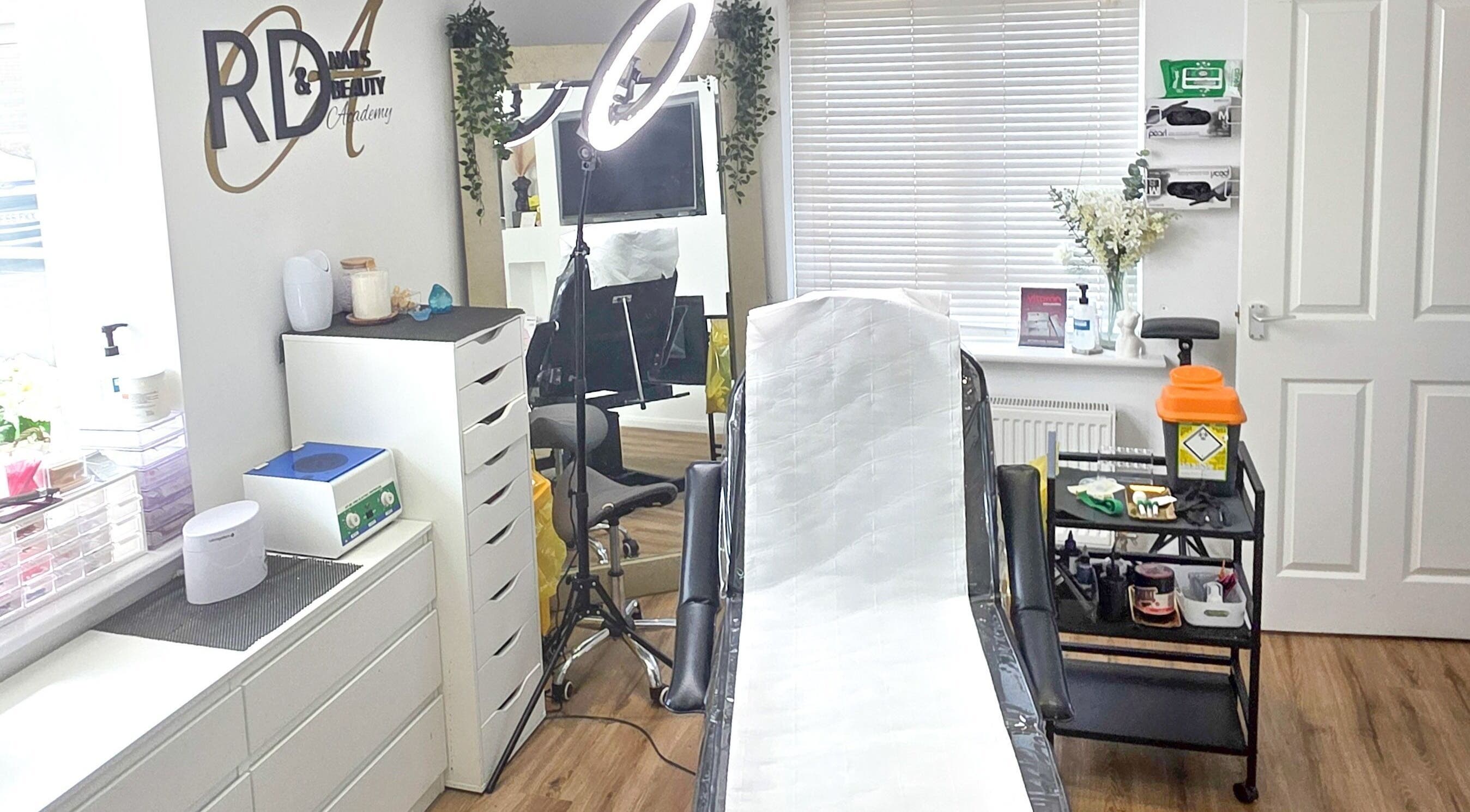 Clean, bright treatment room at RD Nails & Beauty Clinic, Peterborough, Cambridgeshire, GB.