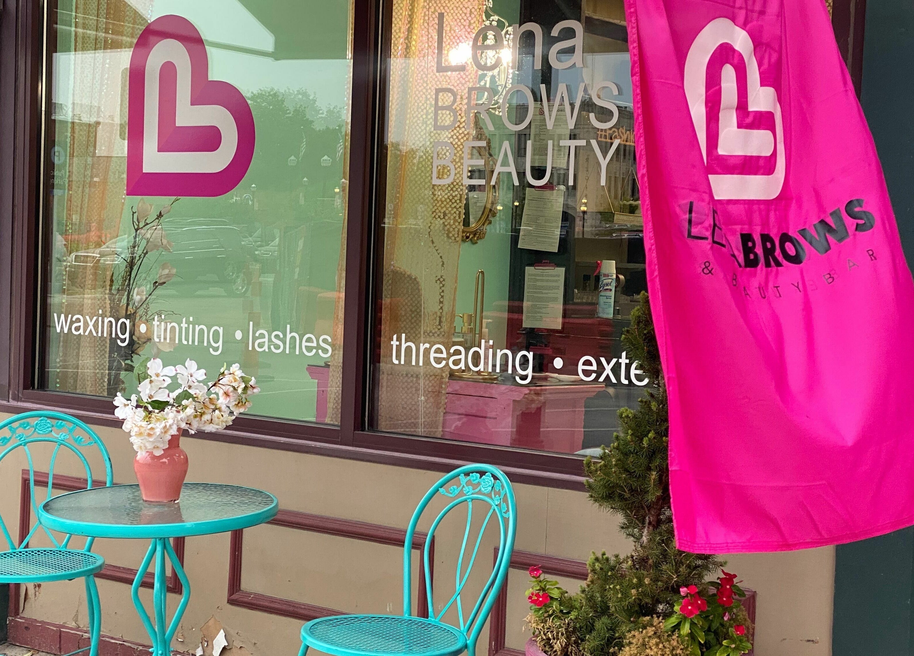 Lena Brows and Beauty Bar exterior with vibrant decor in Sandusky, Ohio, US.
