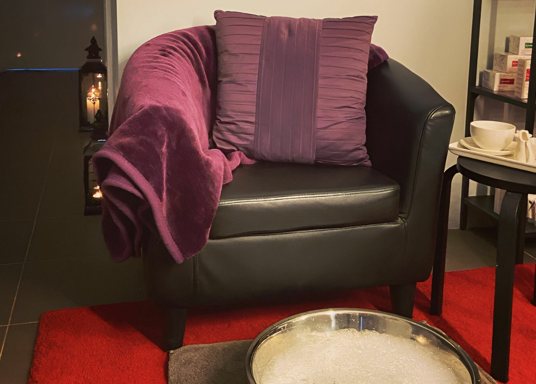 Cozy chair and tea set at Northern Beauty Bullsbrook, Bullsbrook, Western Australia, AU. Relaxing venue ambiance.