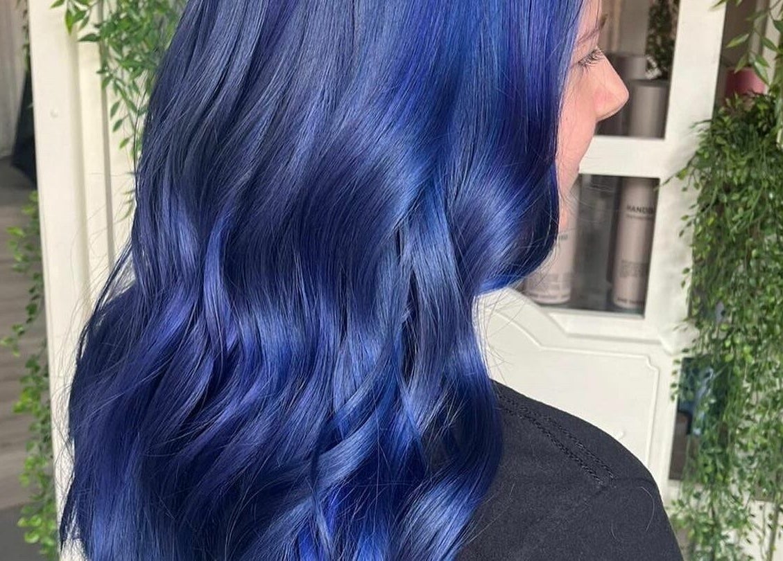Vibrant blue hair transformation at The Salt Room, Sowerby Bridge, England, GB, showcasing lush color.