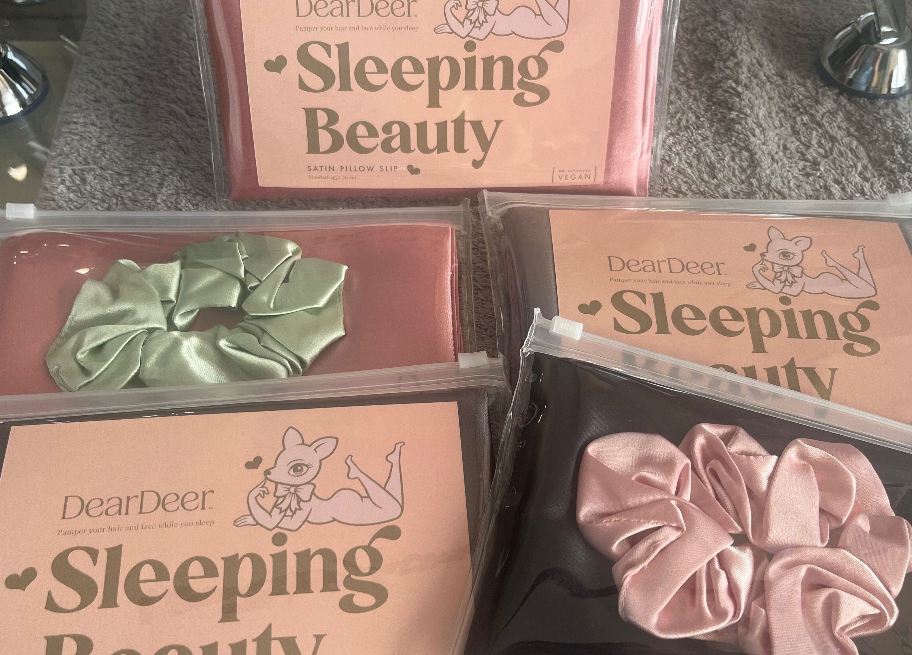 Sleeping Beauty satin pillow slips and scrunchies at Chelle Aesthetic & Beauty Specialist, Cape Town, Western Cape, ZA.