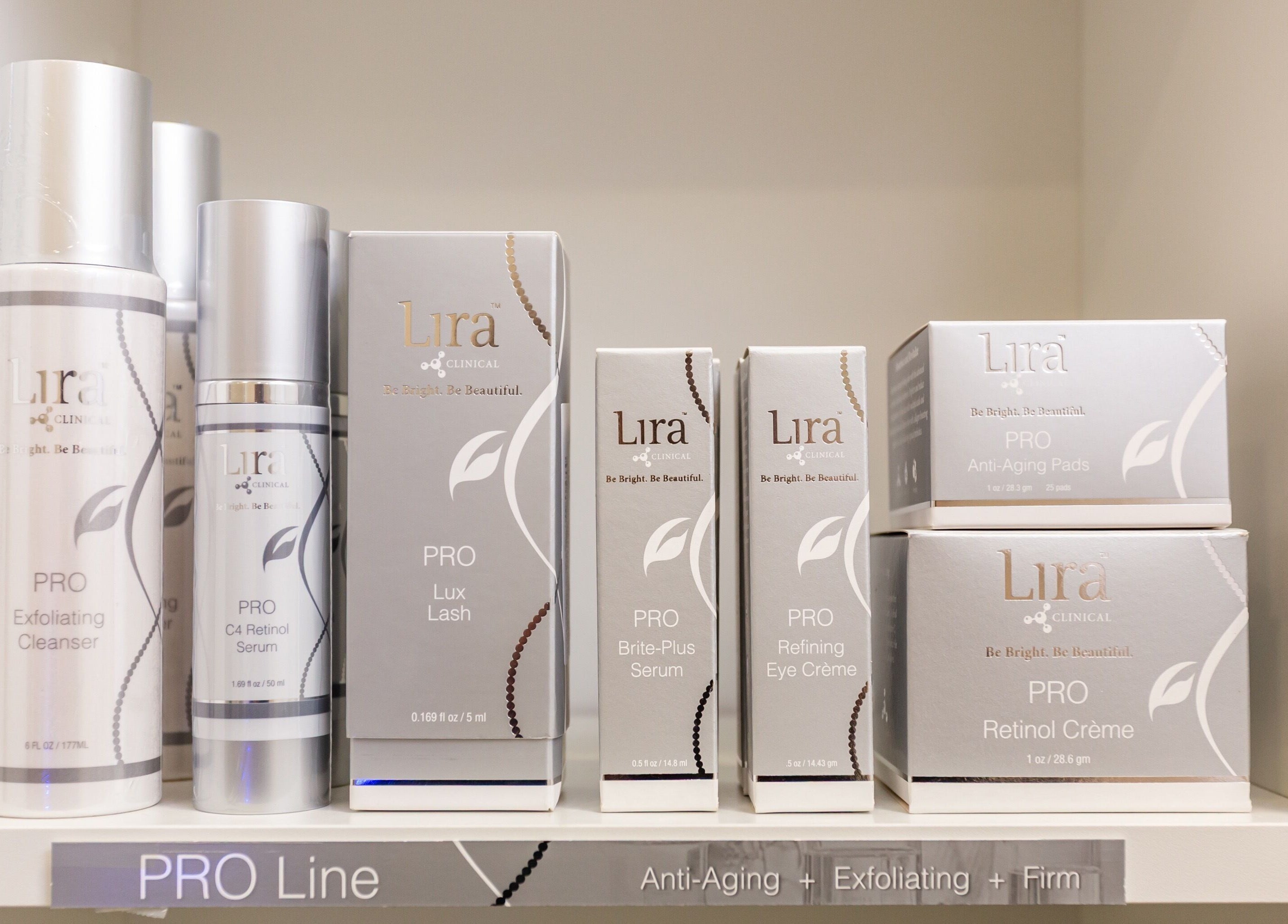 Display of Lira Clinical products at STUDIODERMA, Ottawa, Ontario, CA, showcasing anti-aging skincare.