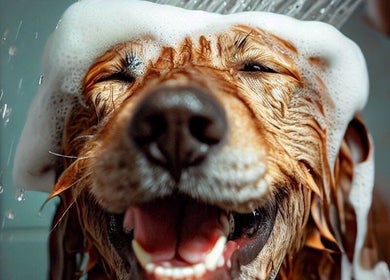 Cane felice con schiuma durante lavaggio presso AB Toelettatura Luxury Dalmine BG, Dalmine, Lombardia, IT.