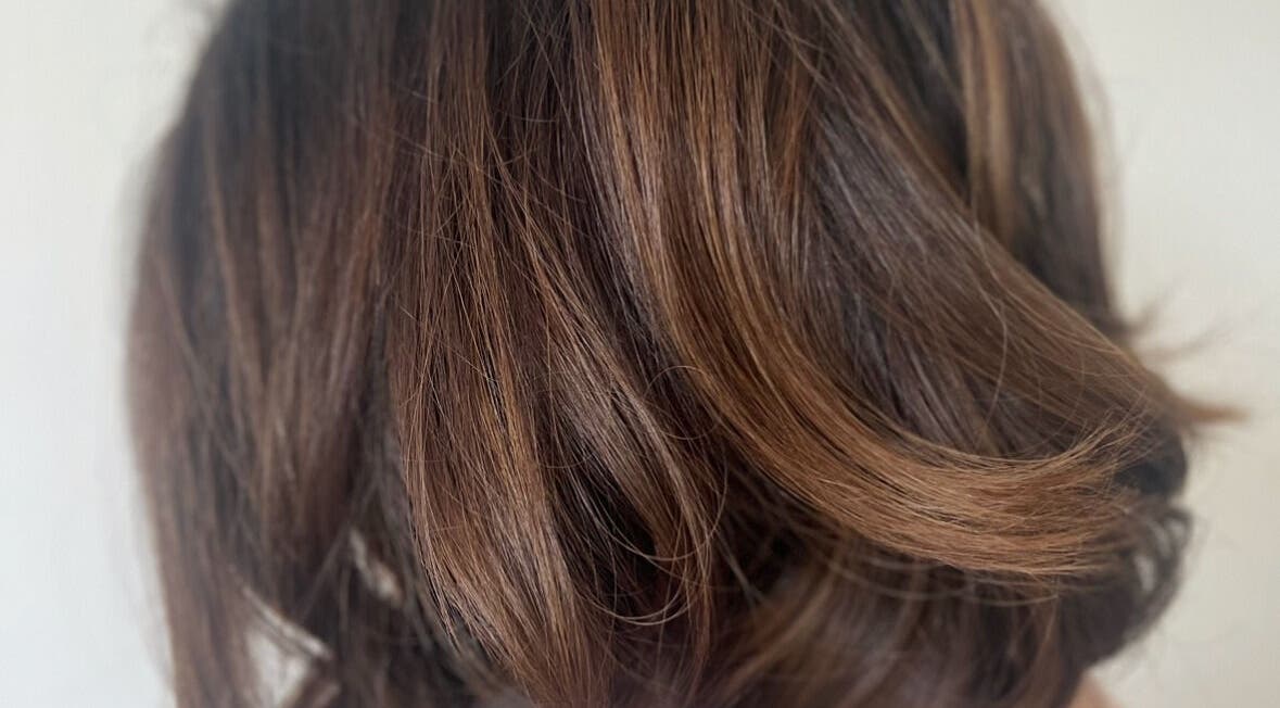 Close-up of styled brown hair at Frankie Artistry in Great Missenden, England, GB.