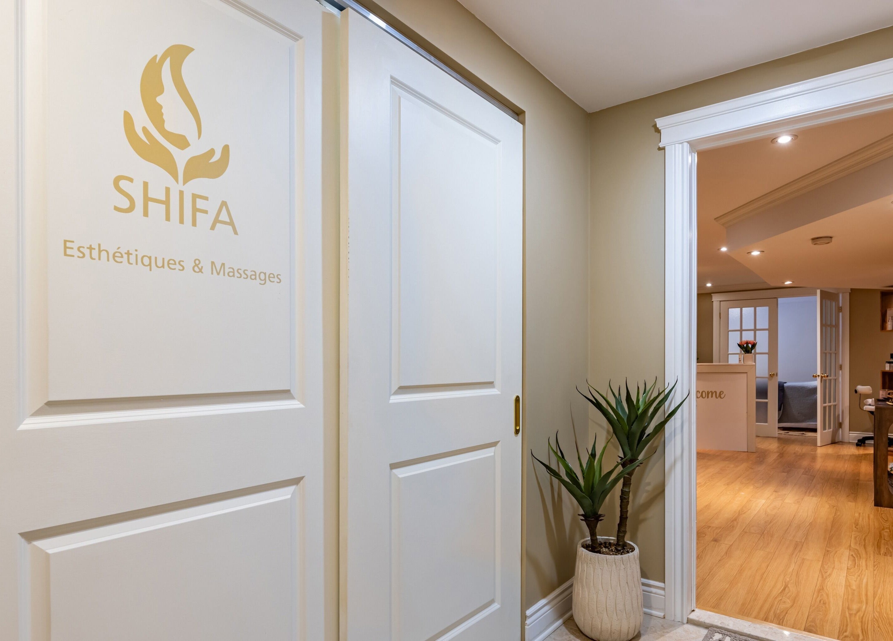 Entrance to Shifa Esthétique and Massage with elegant decor in N.D.D Ile-Perrot, Canada, CA.