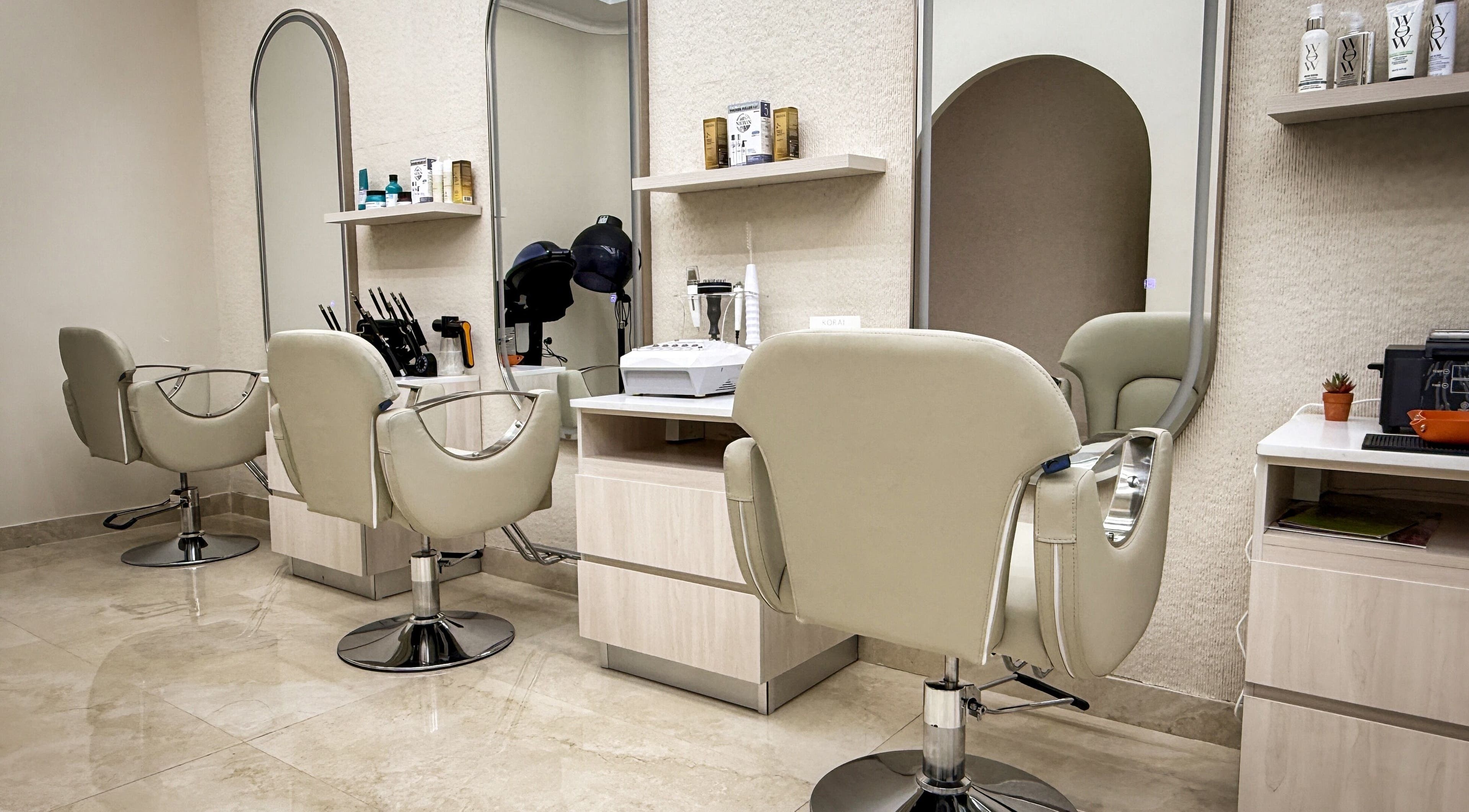 Sophisticated salon chairs and mirrors at Society 1840, Johannesburg, Gauteng, ZA.