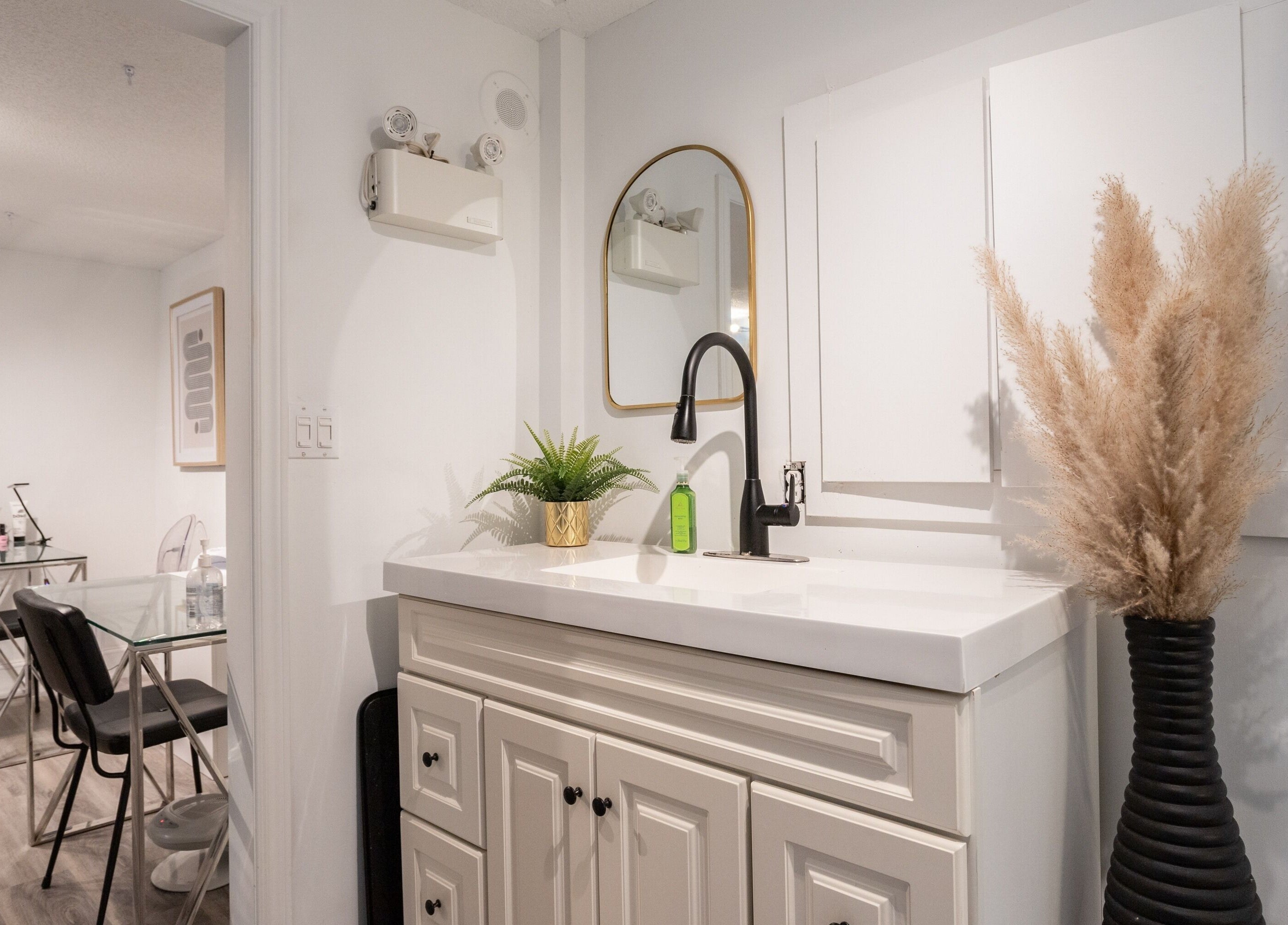 Elegant interior of Derma Luxe laser and skin, Cambridge, Ontario, CA with chic decor and modern furnishings.