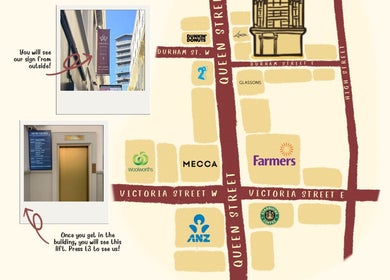 Map and entrance to Aroma Massage, Auckland, NZ. Includes neighboring landmarks for easy navigation.