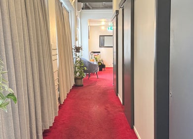 Elegant corridor at Aroma Massage, Auckland, NZ with red carpet and plants creating a soothing atmosphere.