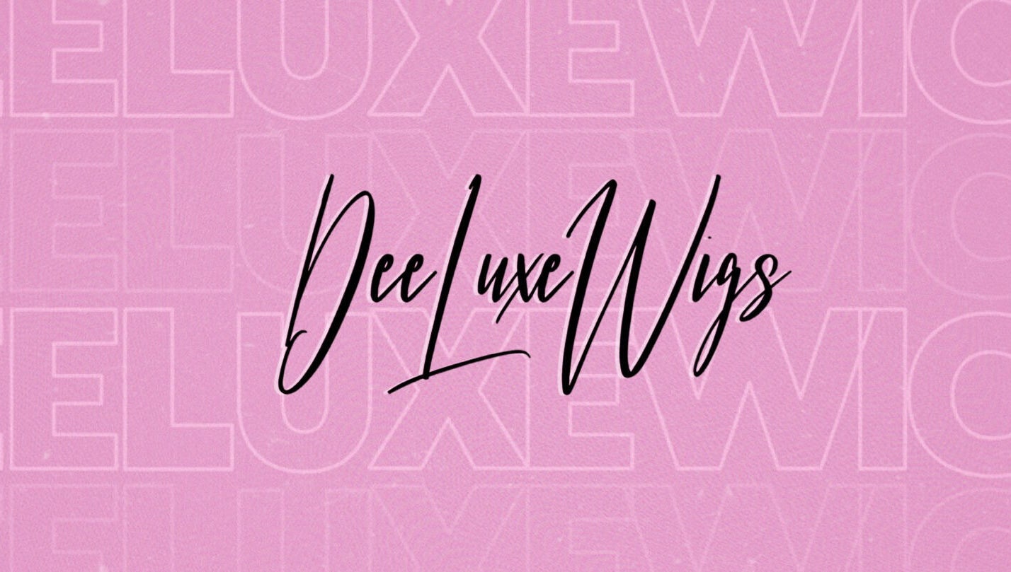 Dee Luxe Wigs logo on pink background, Saint George, BB. Luxury wig specialists.