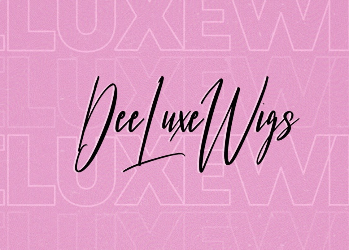Dee Luxe Wigs logo on pink background, Saint George, BB. Luxury wig specialists.