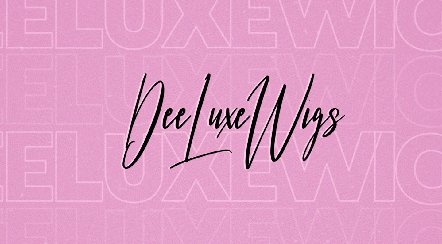 Dee Luxe Wigs logo on pink background, Saint George, BB. Luxury wig specialists.