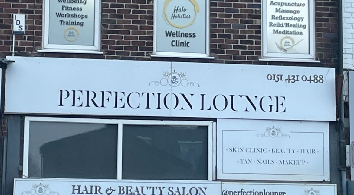 Facade of Halo Holistics at Perfection Lounge, Whiston, England, GB, showcasing wellness services.