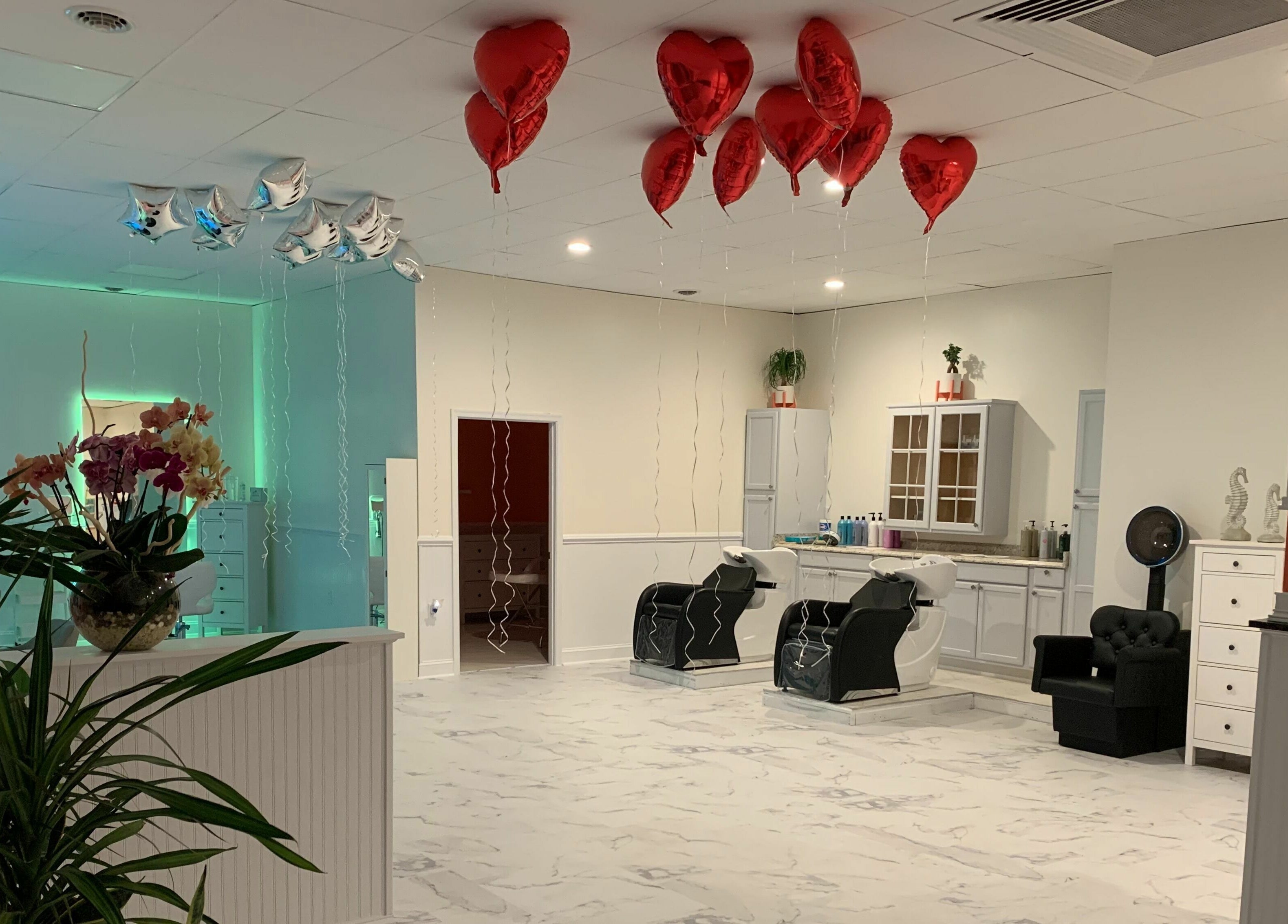 Spa salon interior with balloons and plants at Cevaluk, Waynesboro, Virginia, US.