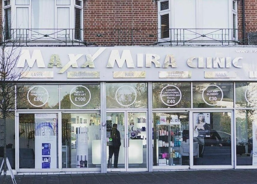 Maxx Mira Clinic storefront in Enfield, England, GB showcasing beauty services.