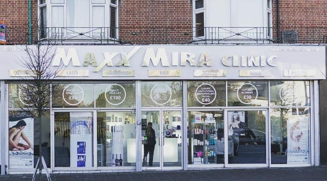 Maxx Mira Clinic storefront in Enfield, England, GB showcasing beauty services.