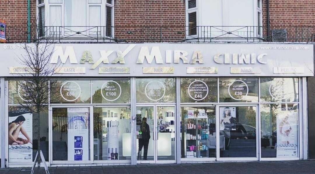 Maxx Mira Clinic storefront in Enfield, England, GB showcasing beauty services.