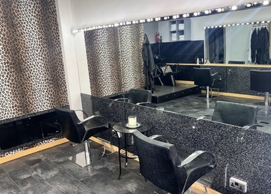 Chic salon interior at Joanne at Jo Dazzle, Aberdeen, Scotland, GB, featuring leopard print accents.