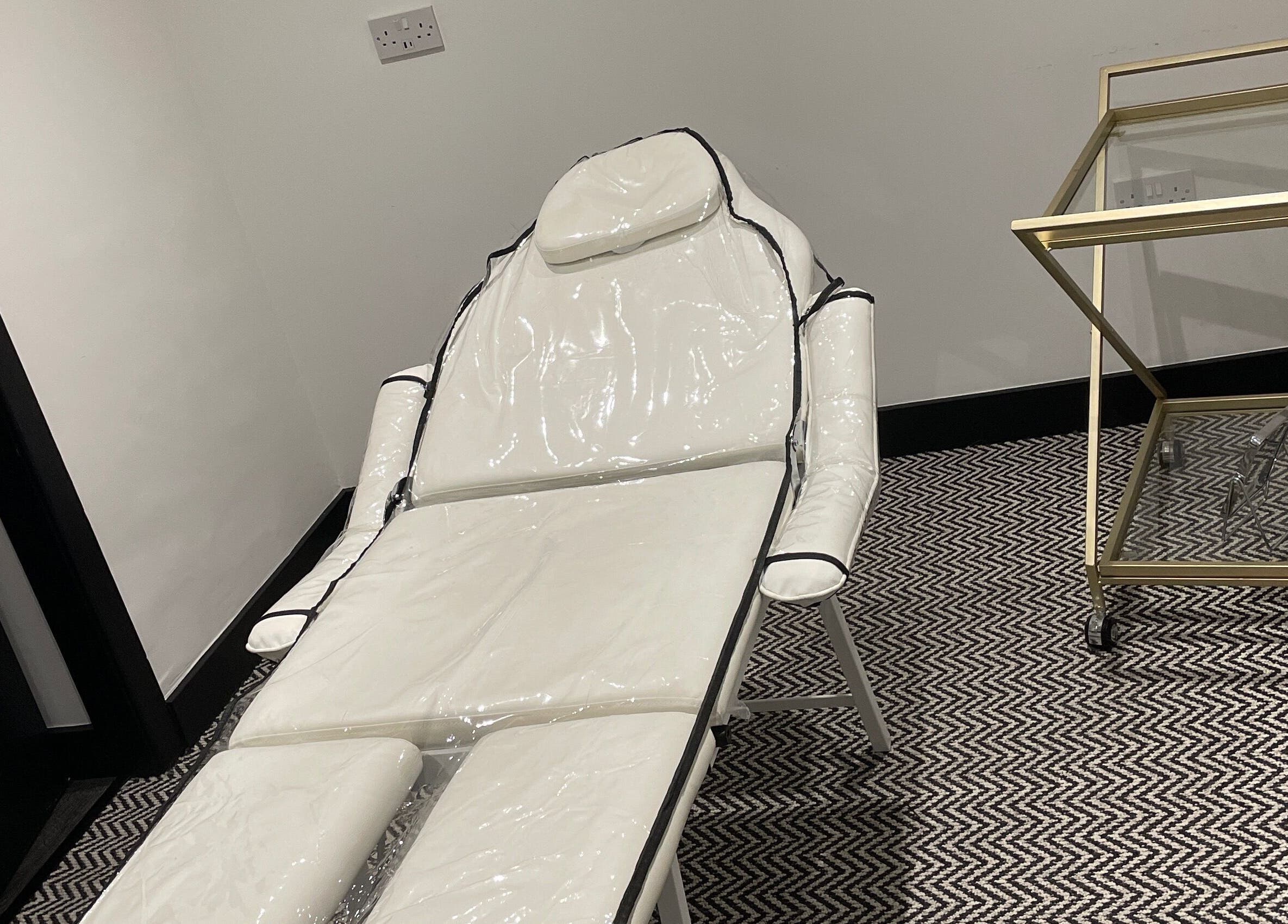 Spa treatment chair at Confidence & Glow Aesthetics in Morley, England, GB. Elegant decor and peaceful ambiance.