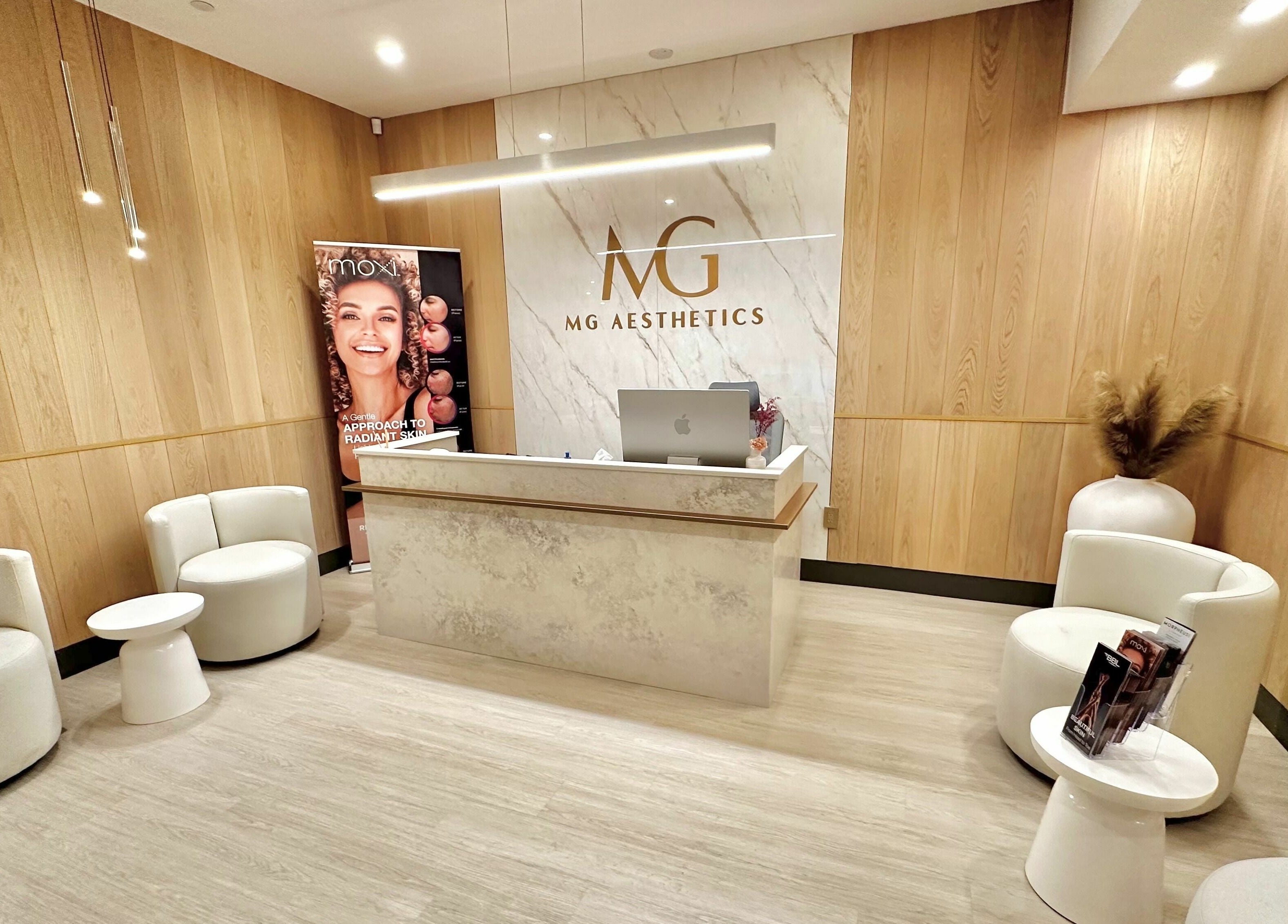 MG Aesthetics reception with modern decor, Vaughan, Ontario, CA.