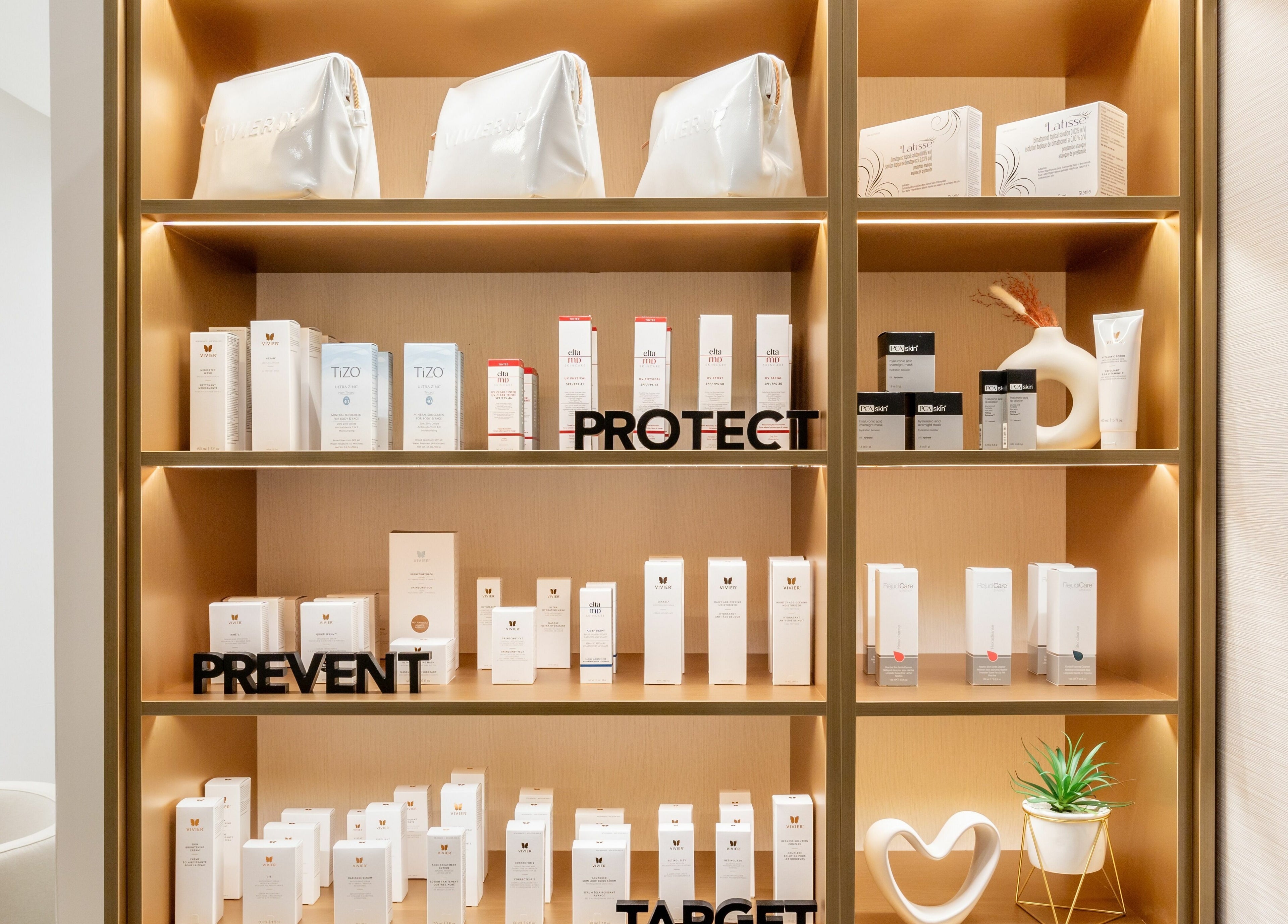 Display of beauty products at MG Aesthetics, Vaughan, Ontario, CA showcasing skincare and wellness essentials.