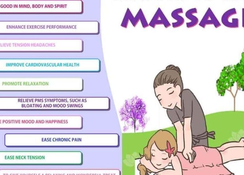 Infographic of massage benefits at Ardent Soul Massage, Centuria, Wisconsin, US with serene illustration.
