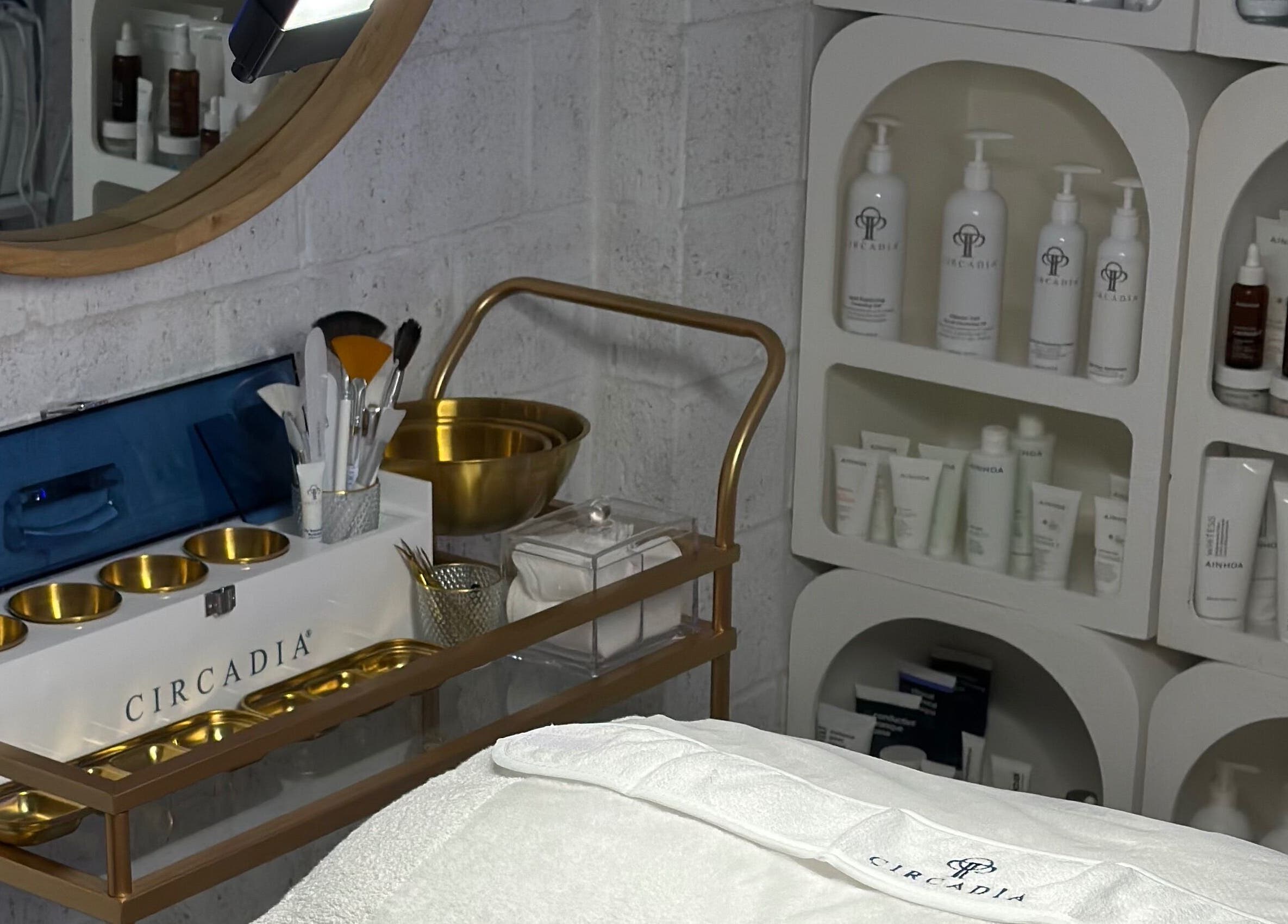 Luxurious skincare display at Bella Perfection Salon, Eglinton, Western Australia, AU. Treatments arranged in elegance.