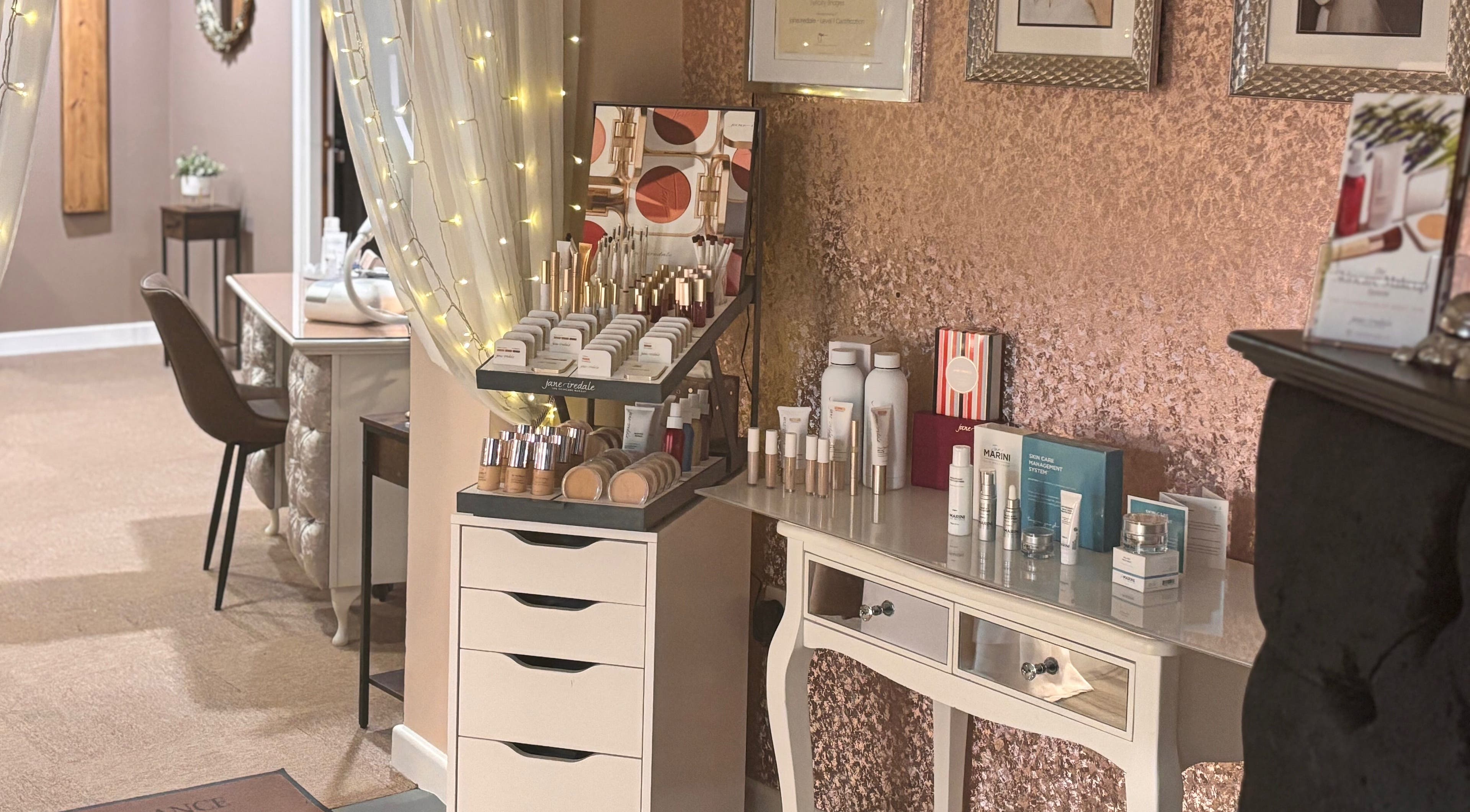 Chic product display at Elegance Beauty, Osmaston, England, GB showcasing premium wellness items.