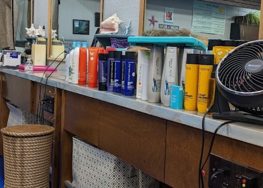Hair products on the styling counter at apPIERances Salon & Barbering, Lititz, Pennsylvania, US.