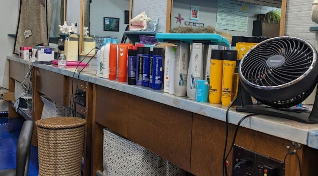 Hair products on the styling counter at apPIERances Salon & Barbering, Lititz, Pennsylvania, US.