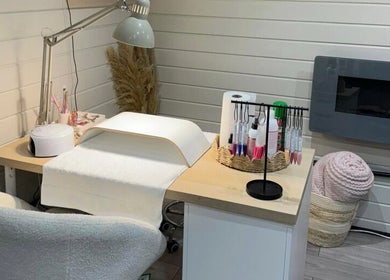 Manicure station at Bennett’s Beauty Bar, Liskeard, England, GB showcasing professional nail care setup.