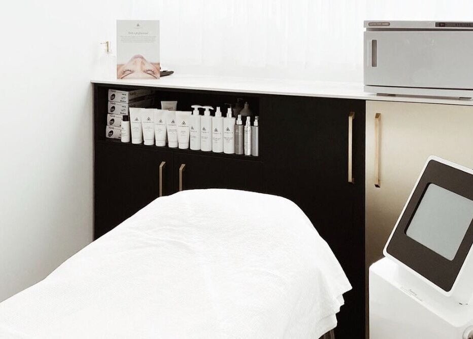 Modern Aesthetics treatment room in Woolooware, New South Wales, AU, featuring skincare products and equipment.