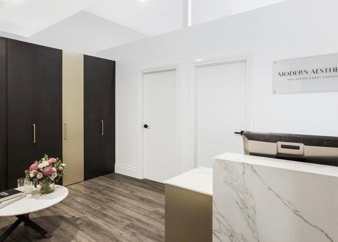 Modern Aesthetics welcoming reception area with elegant decor in Woolooware, New South Wales, AU.