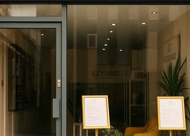 Entrance of Leyabelle Esthetic Clinic in Barking, England, GB, featuring modern glass doors and a sleek design.