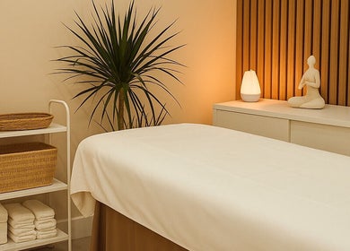 Peaceful treatment room at Leyabelle Esthetic Clinic, Barking, England, GB, with massage table and calm decor.