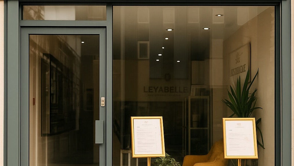 Modern entrance of Leyabelle Esthetic Clinic in Barking, England, GB, showcasing sleek glass doors.