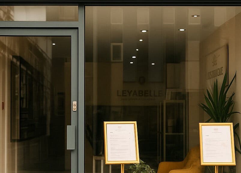 Modern entrance of Leyabelle Esthetic Clinic in Barking, England, GB, showcasing sleek glass doors.