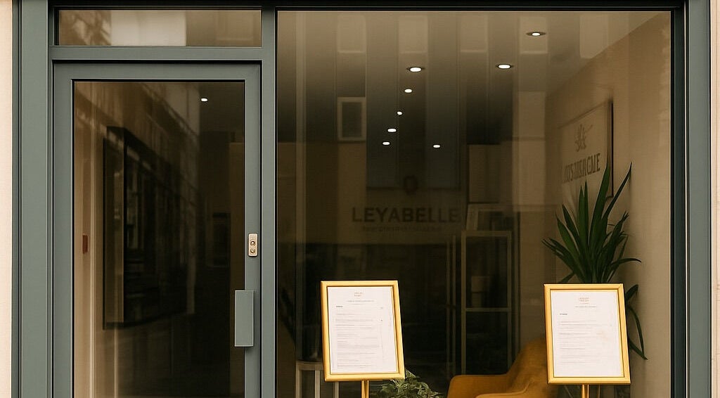 Modern entrance of Leyabelle Esthetic Clinic in Barking, England, GB, showcasing sleek glass doors.