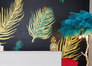 Stylish interior at Haircare Pro Salon Academy Shop Qew | Cawthra, Mississauga, Ontario, CA with tropical decor.