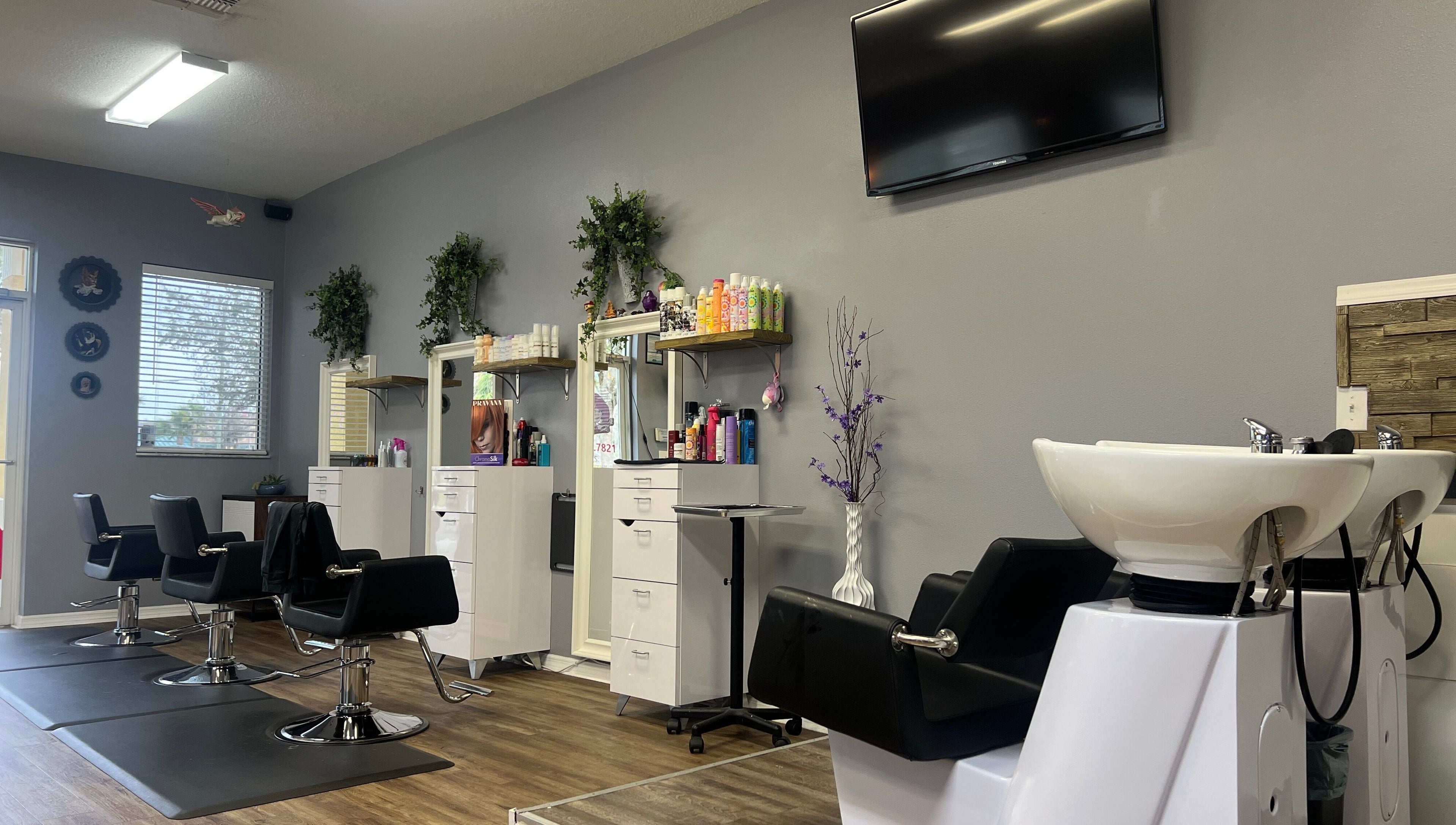 Stylish interior of Beauty Radio Salon in Zephyrhills, Florida, US, showcasing sleek styling chairs and vibrant decor.