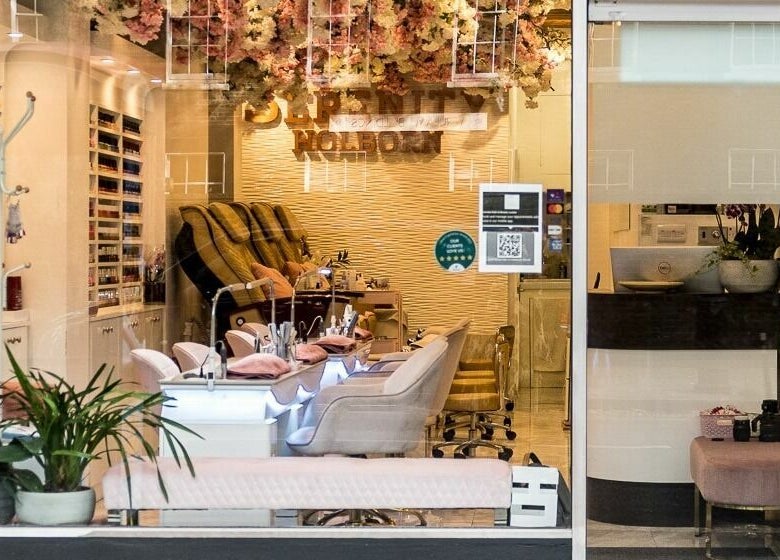 Serenity Holborn interior showcases a tranquil spa setting in London, England, GB with plush seating and decor.