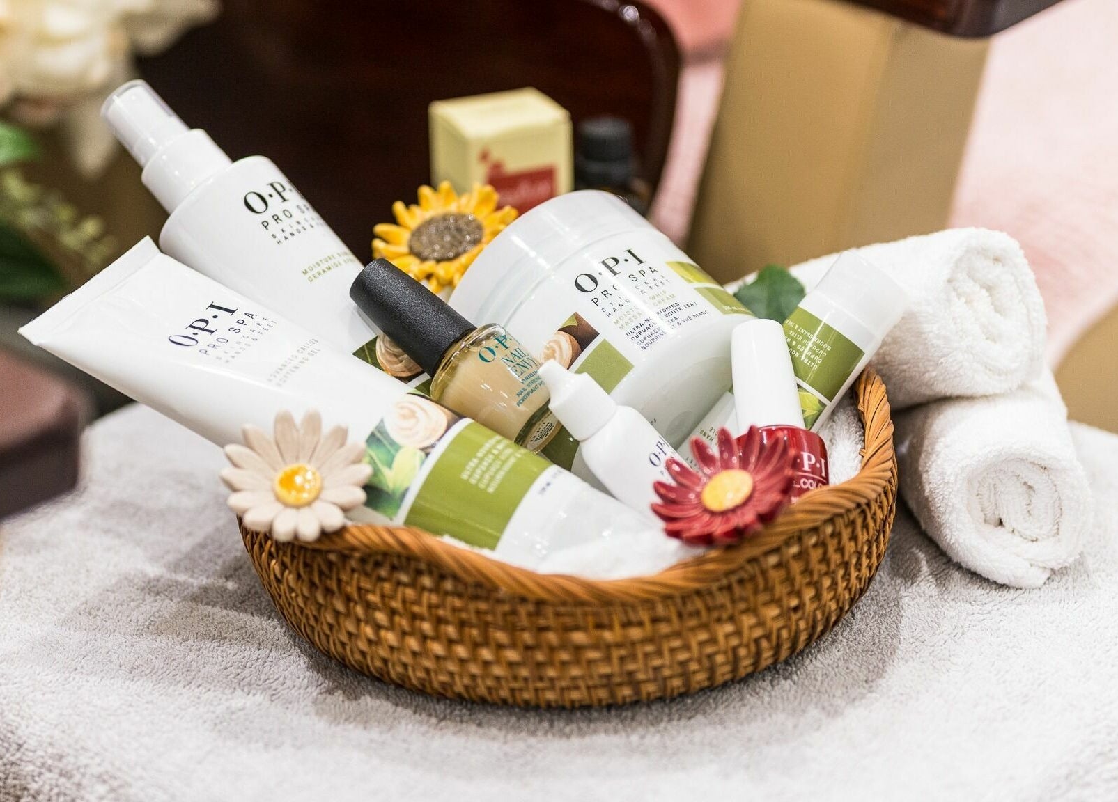 Spa products in basket at Serenity Holborn, London, England, GB, showcasing a relaxing ambiance.
