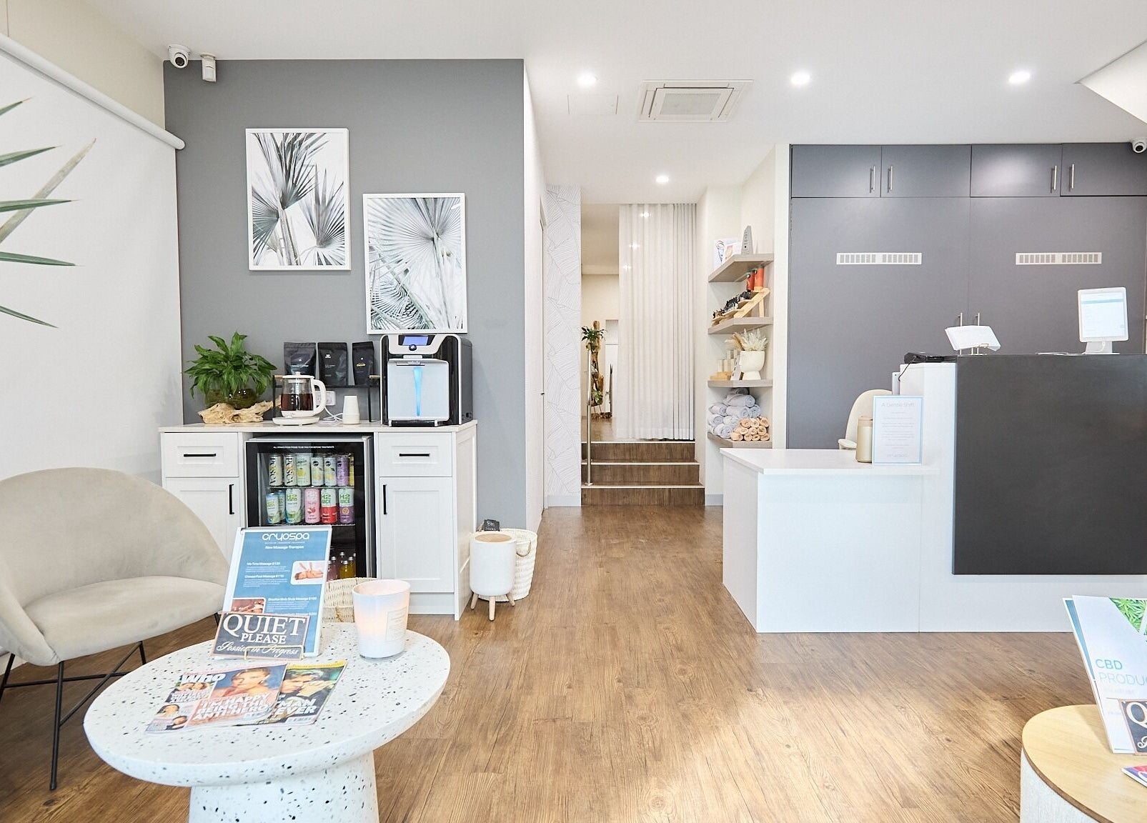 Bright reception area of Cryospa Clinics, Crows Nest, New South Wales, AU, with contemporary decor.