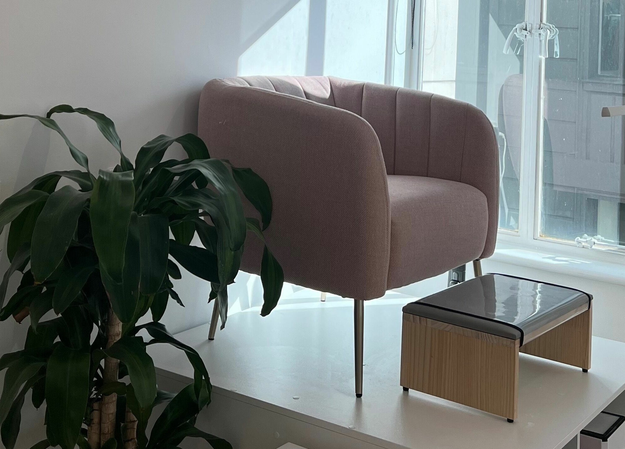 Elegant pink chair beside a lush plant at Beauty Moah, Melbourne, Victoria, AU.