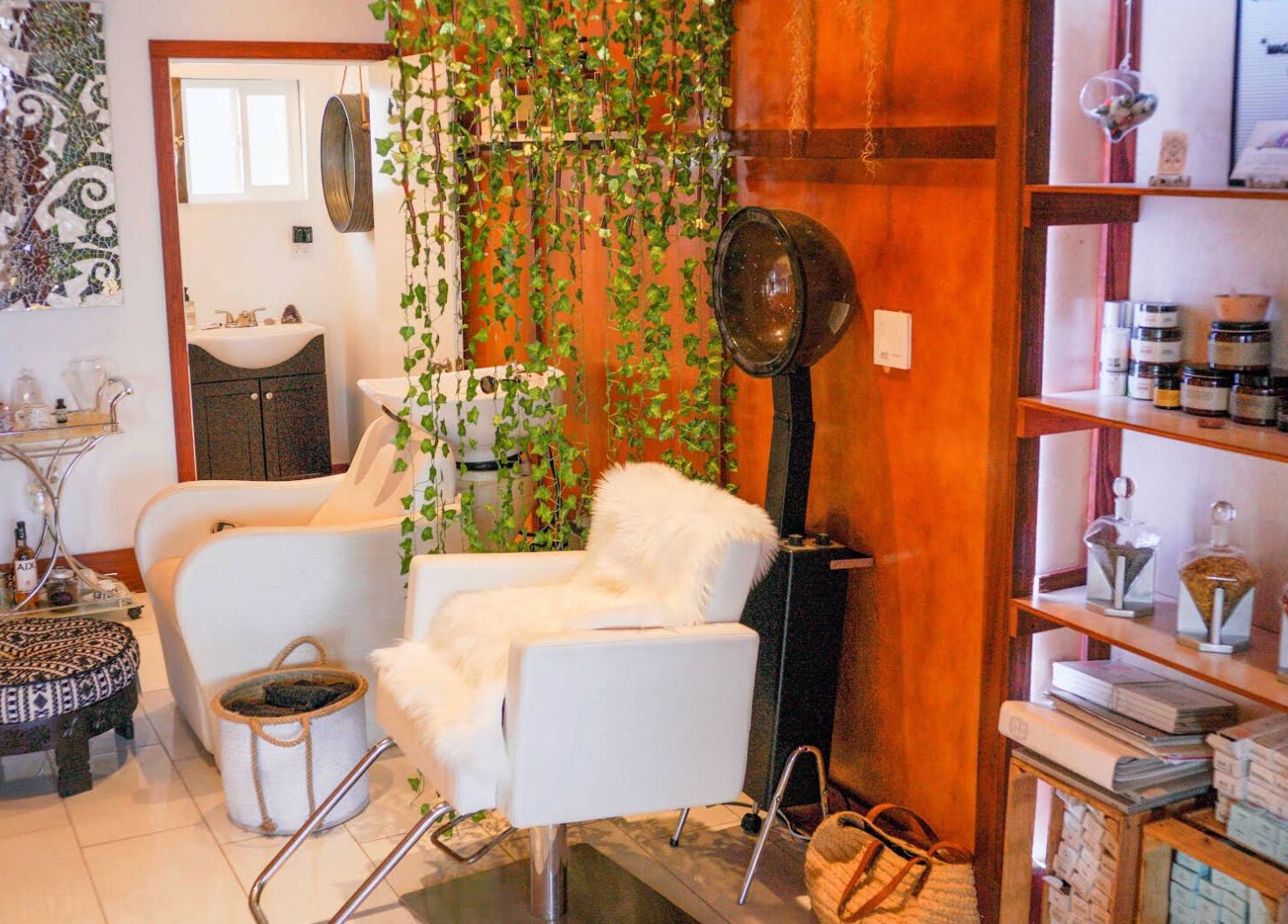 Inside view of Haircoven in Los Angeles, California, US, featuring chic decor and a stylish styling chair.